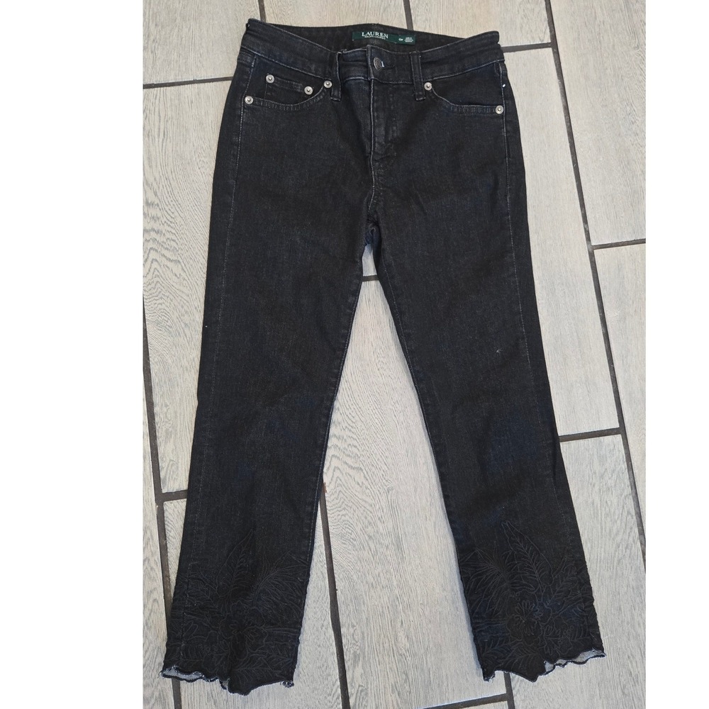 Lauren Ralph Lauren Black Embroidered Scallop Hem Jeans Womens 0P Petite